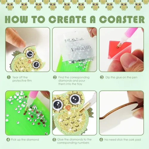 Miniatura 3 de YLOLUL Juego de 10 posavasos de pintura de diamante en forma de búho, posavasos de pintura de diamante con soporte para principiantes, adultos