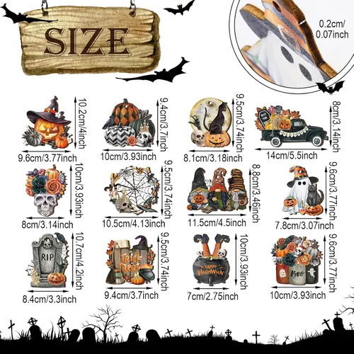 Miniatura 2 de Huwena 36 adornos de madera de Halloween para árbol, fantasma, cráneo, gnomo, calabaza, recortes de madera con cuerdas, decoraciones de árbol