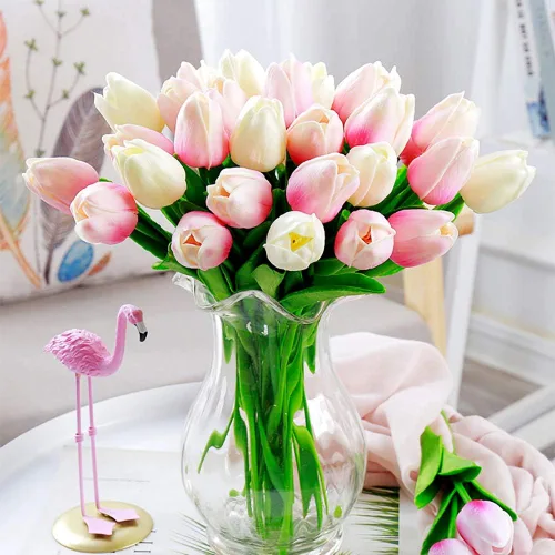 Miniatura 4 de IPOPU 24 piezas de tulipanes rosados artificiales, tulipos rosados claros artificiales, flores falsas para arreglos de flores de tulipán, decoración