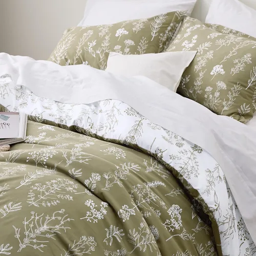 Miniatura 6 de Bedsure Juego de edredón de tamaño California King, color verde oliva, lindo, floral, regalo para mujer, 3 piezas, 1 suave edredón reversible con 02