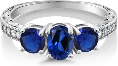 Miniatura 38 de Gem Stone King Anillo de compromiso de 3 piedras preciosas de oro blanco de 10 quilates con piedra natal y diamantes cultivados en laboratorio