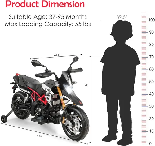 Miniatura 6 de Costzon Motocicleta para niños de 12 V, motocicleta eléctrica Aprilia con licencia para montar con ruedas de entrenamiento, suspensión de resorte