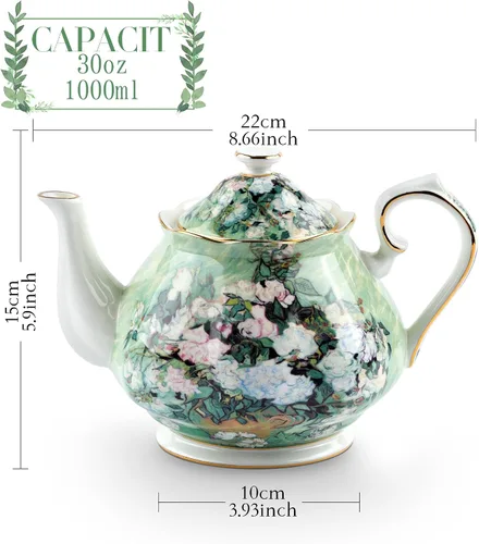 Miniatura 2 de Tetera de 30 oz de Van Gogh Pinturas de porcelana china hueso Tetera de té suelto Diseño floral Vintage Tetera de cerámica estilo europeo para café