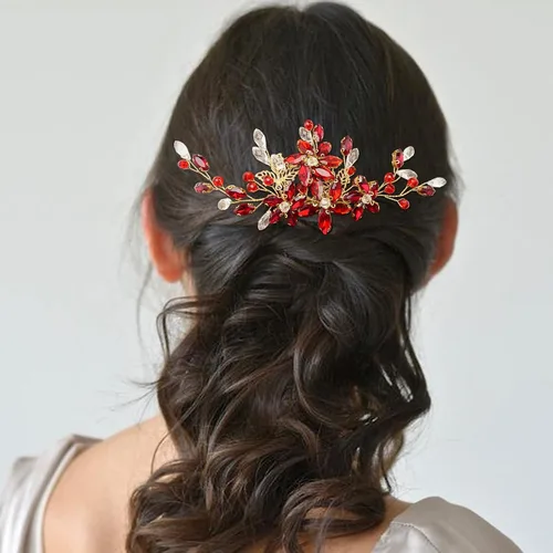 Miniatura 2 de Pieza de pelo de novia de cristal rojo con peine de flores de vid dorada, accesorios para el cabello para bodas, mujeres y niñas (dorado, rojo)