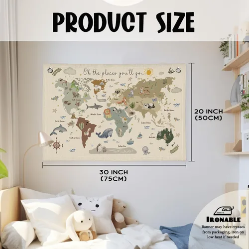 Miniatura 2 de Wheatwin Decoración de sala de juegos, pancarta de mapa del mundo para niños, mapas del mundo para pared, mapa del mundo, lindo tapiz de animales