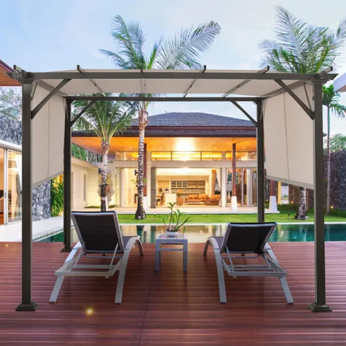 Tangkula Estructura de sombra de patio al aire libre de 10 x 10 pies, pérgola de acero con persianas retráctiles, metal inoxidable para patio, patio