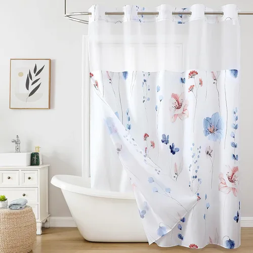 Miniatura 10 de QiyI Cortina de ducha de flores con forro a presión, cortina de baño de tela floral de acuarela azul beige, cortinas de ducha sin gancho con ventana