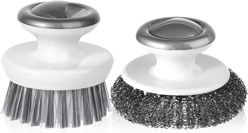 Estropajo de platos con asa, cepillo de lana y alambre de acero inoxidable para limpiar tazones de cocina, ollas, sartenes (gris)