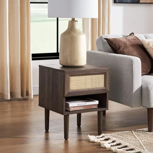 Miniatura 14 de Mopio - Mesita de noche Haylee de ratán, mesa auxiliar perfecta para sala de estar y dormitorio que complementa tu cama o sofá (carbón)