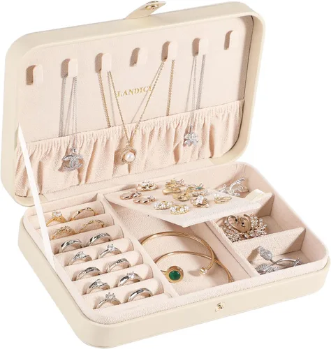 LANDICI Joyero pequeño para mujeres y niñas, estuche organizador de joyas de viaje de piel sintética, soporte portátil de almacenamiento de joyas