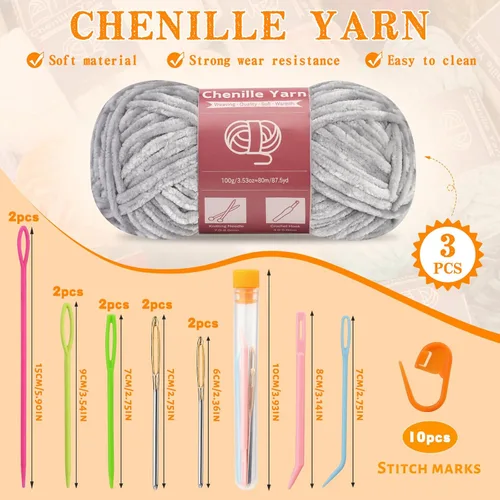 Miniatura 2 de LUNARM Hila de chenilla para crochet y tejer, 3 madejas de 240 metros de hilo grueso, suave y voluminoso, ideal para tejer mantas, ropa y creaciones