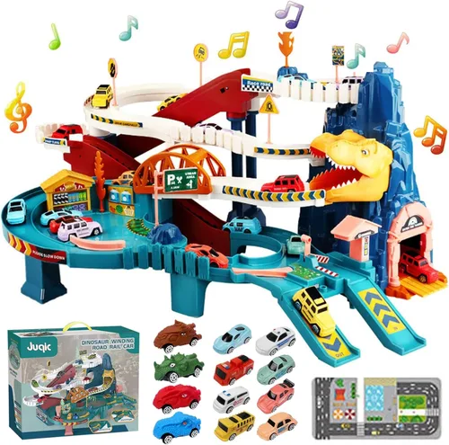 Pista de Rampa para Autos de Juguete Dinosaurio Escalando Colinas Vagón de Tren Vehículos Coloridos Juego de Construcción con 12 Mini Autos de