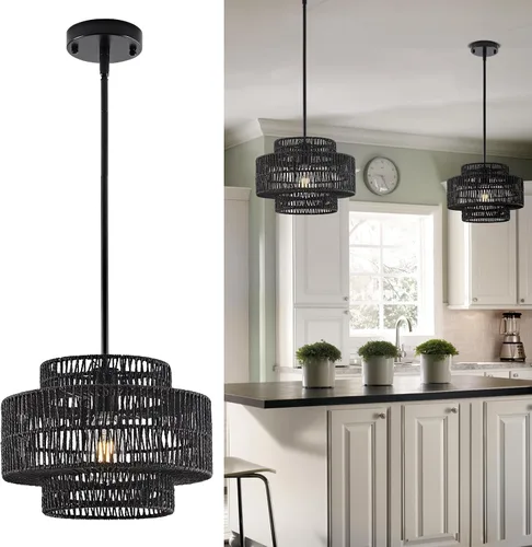 Miniatura 16 de 12.4” Candelabro de ratán boho, 1 luz, lámpara colgante tejida a mano, lámpara colgante rústica de estilo granja para isla de cocina, recámara