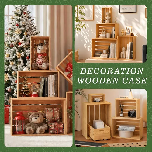 Miniatura 5 de 5 piezas de cajas de madera decorativas para exhibición, 5 tamaños grandes de cesta de madera estilo granja para contenedor de almacenamiento