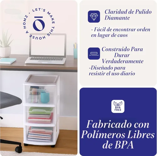 Miniatura 5 de HOMZ Torre de cajones, carrito organizador de almacenamiento de plástico transparente de 3 niveles, marco blanco, cajones organizadores resistentes