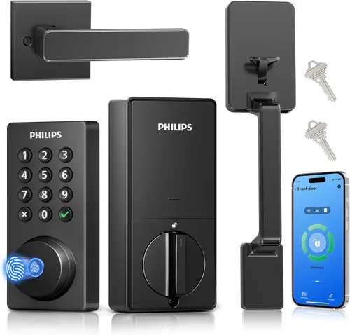 Cerradura inteligente Wi-Fi Philips con cerrojo de puerta y manija, juego de cerradura de puerta sin llave para puerta delantera, cerradura de