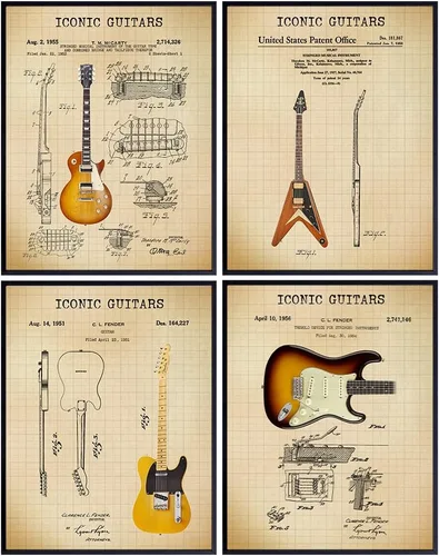 Juego de Impresión de Patente de Guitarras Famosas - Vintage - Regalo para Músicos, Guitarristas - Juego de Pósteres de Arte de Pared, Decoración