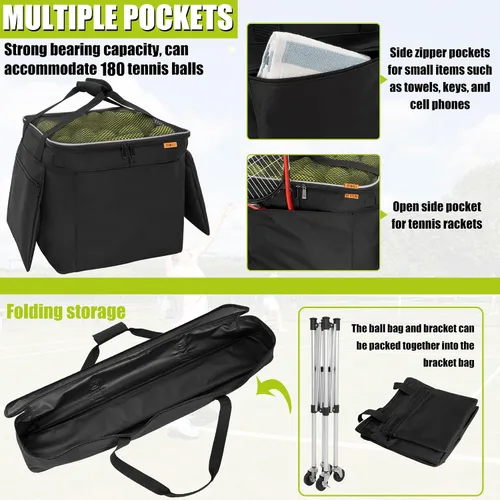 Miniatura 2 de Carrito plegable para pelotas de tenis con capacidad para 180 pelotas de tenis con ruedas, carros de enseñanza deportivos con bolsa