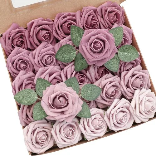 Miniatura 14 de Floroom Flores artificiales, 25 piezas de rosas falsas de espuma de color terracota de aspecto real con tallos para ramos de boda, despedidas