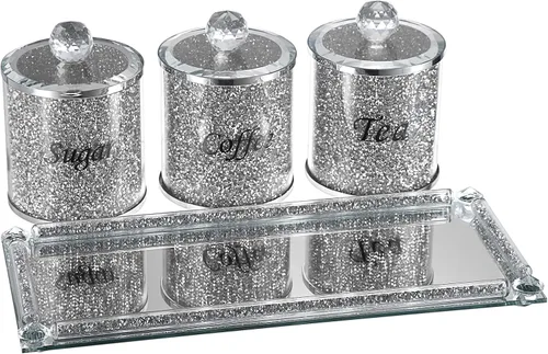 Miniatura 6 de JUXYES Juego de 4 recipientes de cristal chispeante con diamantes triturados para azúcar, café y té, incluye bandeja, lujosos recipientes