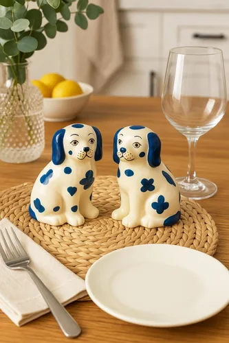 Miniatura 5 de Staffordshire Dogs Chinoiserie Decor - Juego de salero y pimentero decorativo azul, cerámica pintada a mano