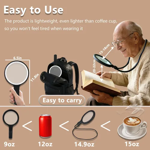 Miniatura 8 de Lupa manos libres 5X con luz, lupa de cuello recargable para lectura, manualidades, punto de cruz, brillo ajustable para personas mayores de baja