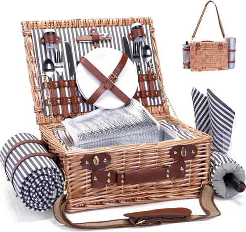 Cesta de picnic con manta y bolsa para vino para 2, juego de picnic de mimbre con forro aislante, bolsa de picnic para camping, boda - Rayas Rayas