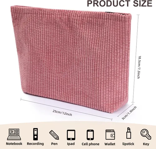 Miniatura 2 de Wudimeitt Bolsa de cosméticos Bolsa de maquillaje Preppy Cute Corduroy Neceser para mujer Artículos esenciales de viaje (rosa)