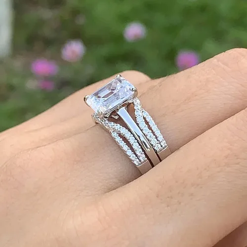 Miniatura 3 de Wuziwen Anillo de novia realzador de 2 quilates para anillos de compromiso para mujer, diseño de corazón de princesa, esmeralda ovalada, plata