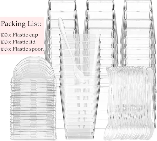 Miniatura 3 de TOFLEN Paquete de 100 tazas de postre de plástico de 5 onzas con tapas de cúpula para fiestas, mini tazas de postre con cucharas, taza disparadora