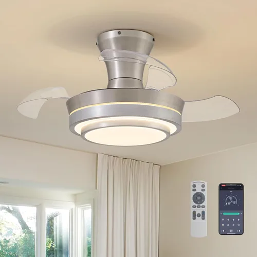 Miniatura 11 de Ventilador de techo retráctil moderno de 71 cm con luz, control remoto, regulable, 6 velocidades, reversible, pequeña luminaria de techo, sin aspas