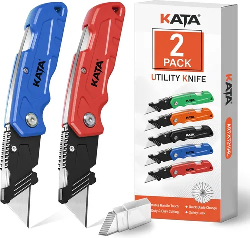 Miniatura 13 de KATA Cuchillos de corte de caja plegables: paquete de 4 cuchillos utilitarios resistentes para cajas de bolsillo – 20 hojas de afeitar adicionales