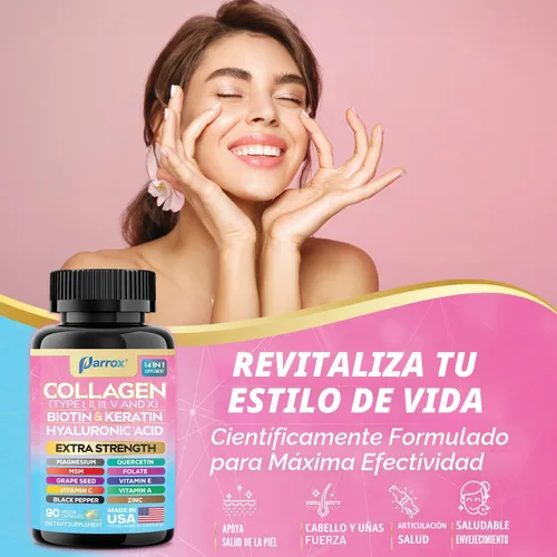 Miniatura 6 de Péptidos de colágeno Parrox Tipos I, II, III, V y X, Biotina MCG, Queratina, Ácido Hialurónico, MSM, Zinc, Extracto de semilla de uva, Quercetina