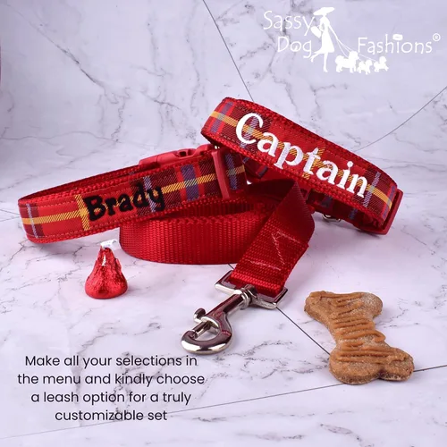 Miniatura 7 de Collar de perro bordado personalizado a cuadros, collares de tartán, nombres para perros pequeños, medianos y grandes
