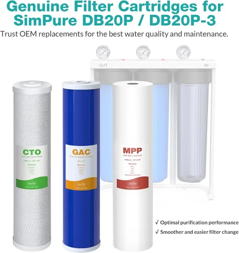 Miniatura 2 de SimPure Cartuchos de filtro de agua para toda la casa 5 micrones 20" x 4.5" PP+GAC+CTO Juego de filtros de carbono y sedimentos de 3 etapas