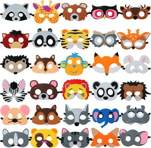 ShaggyDogz 30 piezas de máscaras de animales de fieltro para niños, suministros para fiestas temáticas de la jungla..