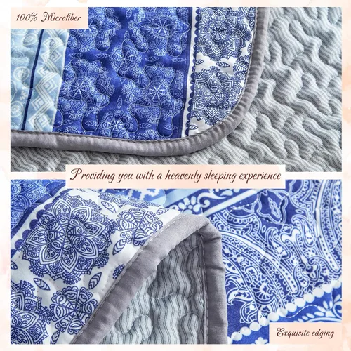Miniatura 3 de Tititada Juego de edredón de 3 piezas de tamaño king, bohemio y colorido, azul y gris con rayas estilo boho, juego de edredón estampado para verano