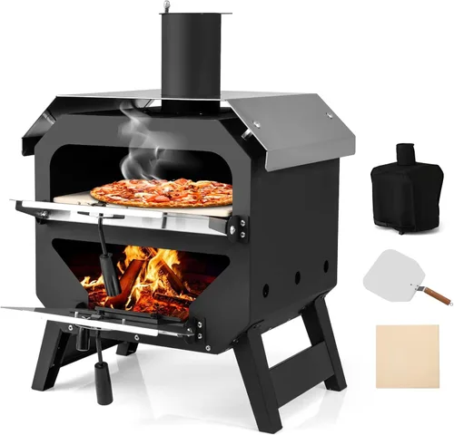 Happygrill Horno de Pizza para Exteriores, Estufa de Pizza Portátil de 12" de leña con Piedra para Pizza, Pala para Pizza y Funda de Tela Oxford,