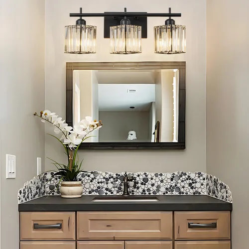 Miniatura 7 de Modernas luces de tocador de baño de cristal sobre el espejo, accesorios de iluminación de baño negro mate de 3 luces, accesorios de iluminación