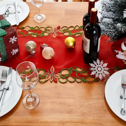 Miniatura 6 de AMARED Caminos de Mesa Bordados de Navidad con Calados de Hojas Verdes Manteles de Mesa Navideños para Decoraciones de Navidad 15x87 Pulgadas