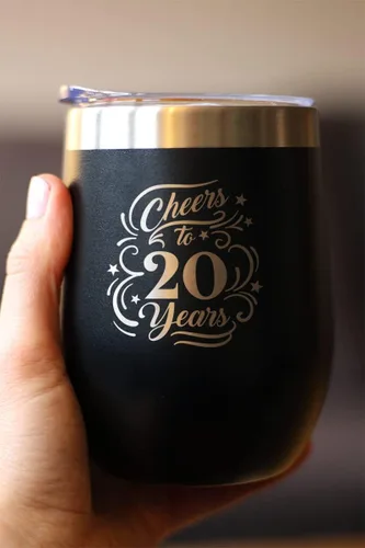 Miniatura 2 de Cheers to 20 Years - Vaso de vino con tapa deslizante - Taza aislada de acero inoxidable - Regalo para el 20 aniversario - Negro