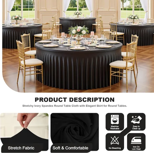 Miniatura 2 de Mantel redondo de 60 pulgadas en negro para mesas de 5 pies, funda de mesa ajustada de elastano con borde elástico y falda, lavable, sin arrugas