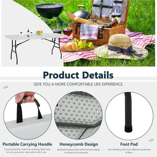 Miniatura 3 de Mesas plegables, mesa plegable de 6 pies con asa y patas de acero, para interiores y exteriores, mesa portátil plegable por la mitad