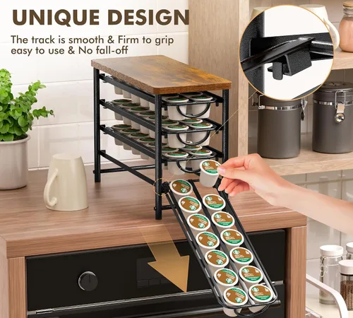 Miniatura 6 de HFHOME Soporte para cápsulas de café con parte superior de madera, compatible con K-Cups, cajón de almacenamiento de cápsulas de café de 4 niveles