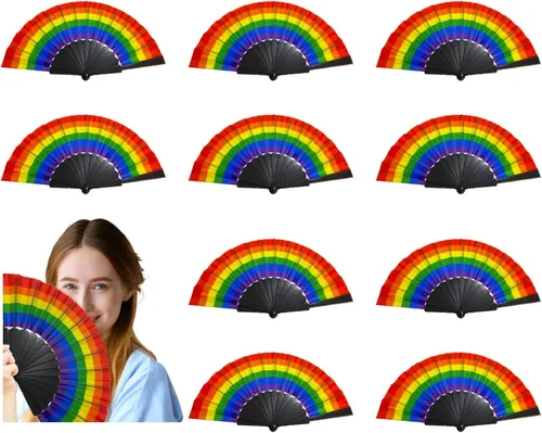 AMS 10 ventiladores de mano arcoíris, ventilador plegable de mano, colorido ventilador LGBT, ventilador plegable de plástico para festivales de Negro