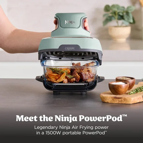 Miniatura 3 de Ninja Crispi - Freidora de aire de vidrio 4 en 1 Con recipientes y tapas de vidrio no tóxicos de 4 cuartos y 6 tazas Apto para microondas, Salvia
