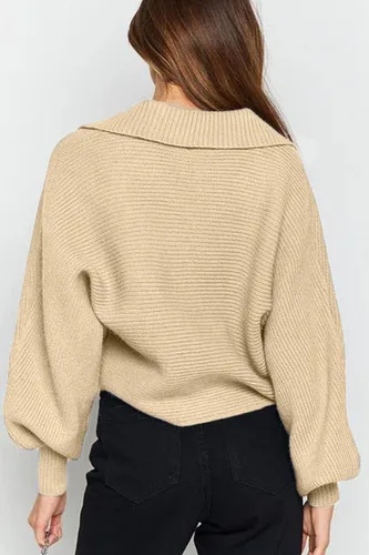 Miniatura 5 de CHYRII - Suéter de punto tipo polo con manga larga abombada y cuello en V para mujer, extra grande