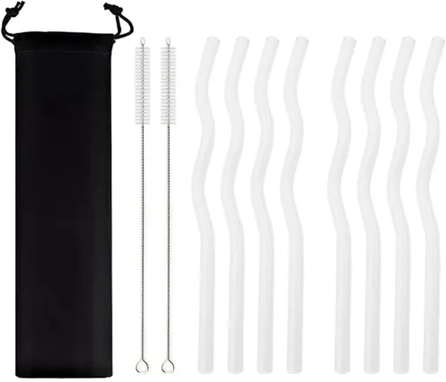 JASHII Pajitas de vidrio onduladas incoloras, 8 pajitas de vidrio reutilizables de 7.87 x 0.31 pulgadas con bolsa negra, multicolor para beber