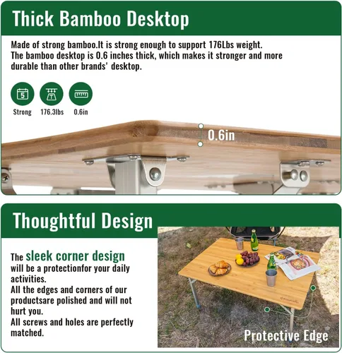Miniatura 4 de KingCamp Mesa de camping plegable de altura ajustable, mesa plegable de bambú de 4 partes para RV, camping al aire libre, portátil, mesa