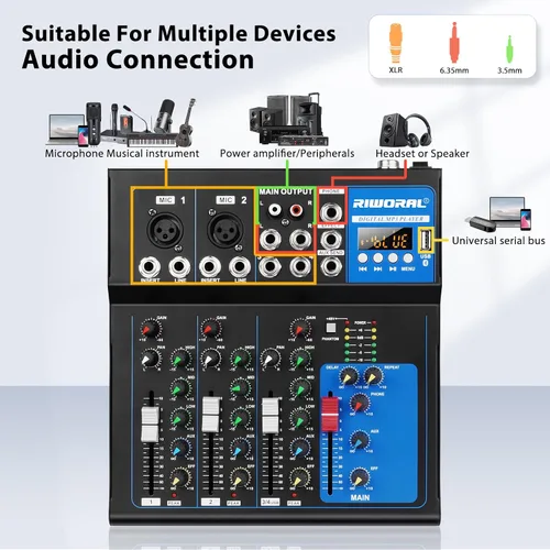 Miniatura 3 de Interfaz de audio de 4 canales, mezclador de audio USB, tablero de sonido, consola de mezcla incorporada Bluetooth MP3 Entrada de computadora+48 V